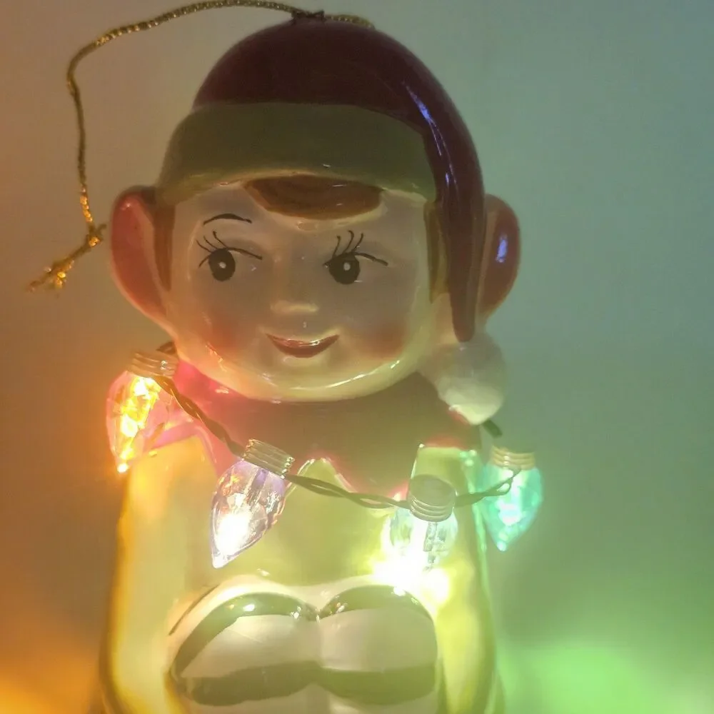 Mr. Christmas Ceramic Knee Hugger Elf Necklace Of Christmas Lights That Work!